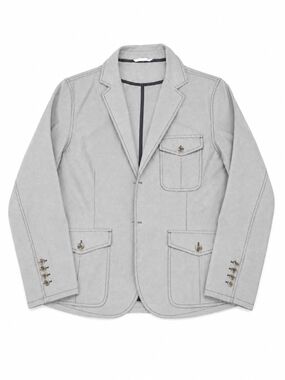 Striped Light Gray And White Casual Blazer Jacket With Sleeve Button Details